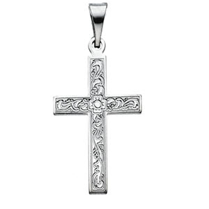 14K White Gold Cross Pendant with Design