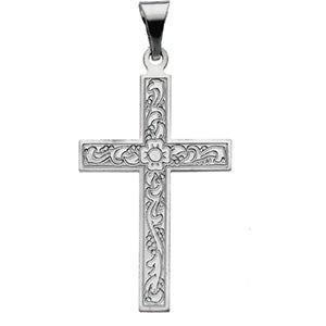 14K White Gold Cross Pendant with Design