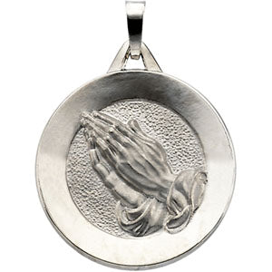 14K White Gold Disc with Praying Hands Pendant