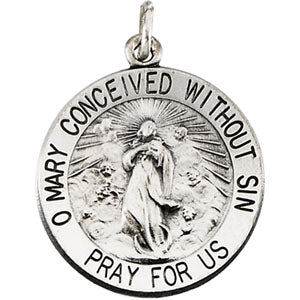 Sterling Silver Round Miraculous Medal Pendant with Chain