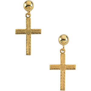 14K Gold Cross with Heart Ball Dangle Earring With Back