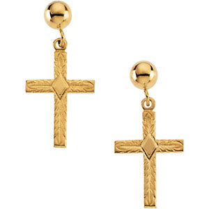 14K Gold Cross Ball Dangle Earring With Back