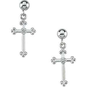 White Gold Cross And Ball Dangle Earring With Back at Catholic Shop