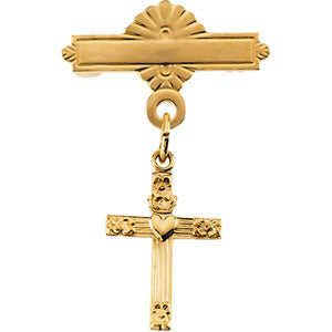 14K Gold Cross with Heart Baptismal Pin