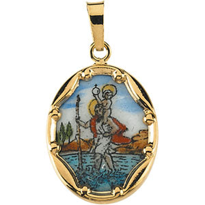 14K Yellow Gold Porcelain St. Christopher Penda