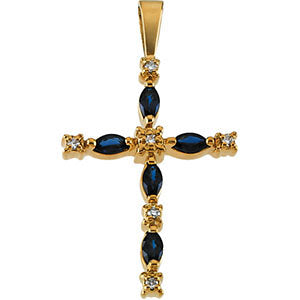 14K Gold Blue Sapphire & Diamond Cross Pendant