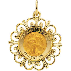 14K Yellow Gold Round Guardian Angel Pendant Medal at Catholic Shop