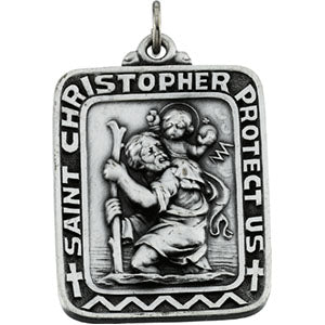Sterling Silver Sq St. Christopher Pendant Medal with Chain at Catholic Shop