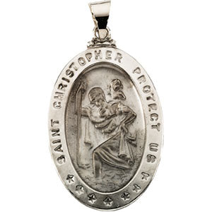 14K White Gold Hollow Oval St. Christopher Medal at Catholic Shop