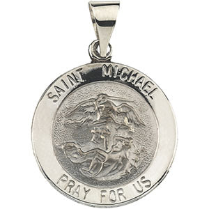 14K White Gold Round Hollow St. Michael Pendant