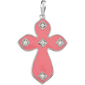 14K White Gold Pink Enamel Diamond Cross at Catholic Shop