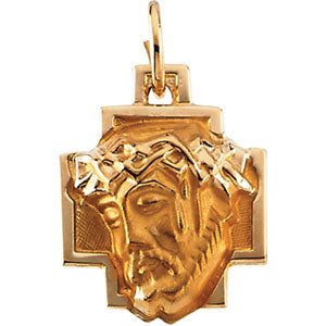 14K Yellow Gold Head Of Jesus with Crown Cross Pendant