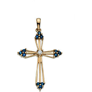 14K Gold Sapphire & Diamond Cross Pendant
