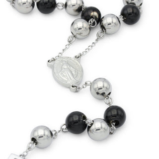 Traditional Rosary Necklace Five Decade Silver Black Catholic Prayer Beads 10 mm