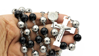 Traditional Rosary Necklace Five Decade Silver Black Catholic Prayer Beads 10 mm
