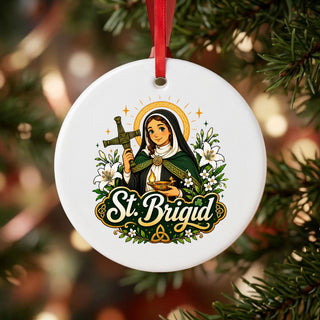 St. Brigid of Kildare Celtic Knot Ceramic Ornament hanging on a Christmas tree