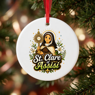 St. Clare of Assisi Ceramic Ornament hanging on a Christmas tree