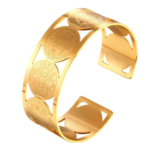18K Gold-Plated St. Benedict Medal Bangle Bracelet